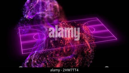 Image of purple neon basketball court and pink particles Stock Photo