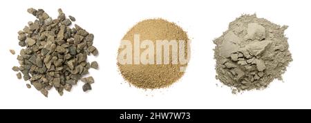 pile of gravel, sharp sand or pit sand and cement, ingredients for concrete mixture, isolated on white background,taken from above, collection Stock Photo