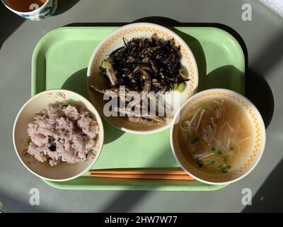 Japanese school lunch on a green plastic tray. Rice, soup and fried anchovies Stock Photo