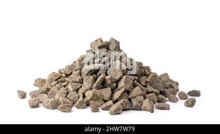 pile of gravel, commercially produced crushed granite stones, small fragment of rock isolated on white background Stock Photo