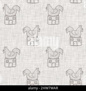 Farmhouse grey chicken hen linen seamless pattern. Tonal french country cottage style farm animal background. Simple vintage rustic fabric textile Stock Photo