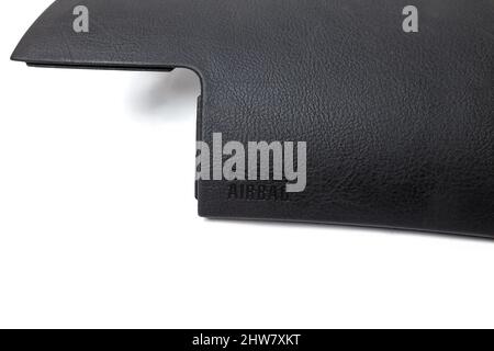 Spare part and interior element from a car passenger airbag in the dashboard on a white isolated background. Auto service industry. Stock Photo