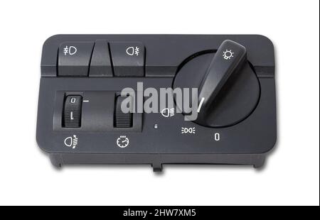 Close-up on the headlight switch control buttons and automatic adjust level dashboard of car in the vehicle repair workshop on white isolated backgrou Stock Photo