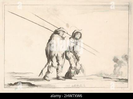 Art inspired by Plate 13: Two pikemen walking towards the right, each with their pikes in their right hands, from 'Various Figures' (Agréable diversité de figures), 1642, Etching; undescribed state between second and third of five, Sheet: 3 1/8 x 4 3/8 in. (7.9 x 11.1 cm), Prints, Classic works modernized by Artotop with a splash of modernity. Shapes, color and value, eye-catching visual impact on art. Emotions through freedom of artworks in a contemporary way. A timeless message pursuing a wildly creative new direction. Artists turning to the digital medium and creating the Artotop NFT Stock Photo