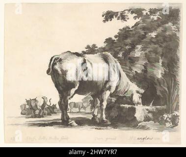 Art inspired by Plate 12: a cow drinking from a stone trough, other cows to left in background, from 'Diversi capricci', ca. 1644–47, Etching; third state of four (De Vesme), Sheet: 3 1/4 x 4 1/8 in. (8.3 x 10.4 cm), Prints, Stefano della Bella (Italian, Florence 1610–1664 Florence, Classic works modernized by Artotop with a splash of modernity. Shapes, color and value, eye-catching visual impact on art. Emotions through freedom of artworks in a contemporary way. A timeless message pursuing a wildly creative new direction. Artists turning to the digital medium and creating the Artotop NFT Stock Photo