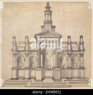 Art inspired by Architecturally-Shaped Tabernacle with a Saint and Four Putti, ca. 1530–49, Etching with gray wash, Sheet (trimmed): 5 3/8 × 5 5/8 in. (13.7 × 14.3 cm), Anonymous 16th century, Previously attributed to Jacques Androuet Du Cerceau (French, Paris 1510/12–1585 Annecy, Classic works modernized by Artotop with a splash of modernity. Shapes, color and value, eye-catching visual impact on art. Emotions through freedom of artworks in a contemporary way. A timeless message pursuing a wildly creative new direction. Artists turning to the digital medium and creating the Artotop NFT Stock Photo