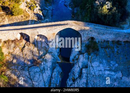 Medieval Pont de Pedret bridge and the Llobregat river near the Church of Saint Quirze of Pedret in Berga, Barcelona. Berguedà Catalonia Spain Pyrenee Stock Photo