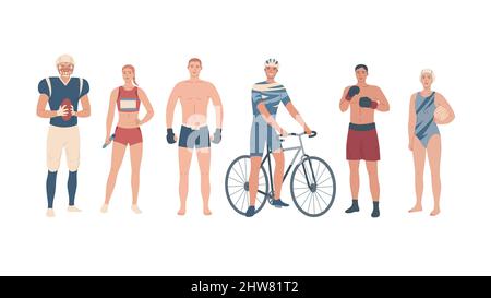 Athletes of different sports. Team players, martial arts and single sport. Stock Vector