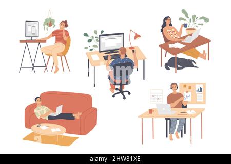 People working from home. on laptops and computers Working at home. Freelance. Stock Vector