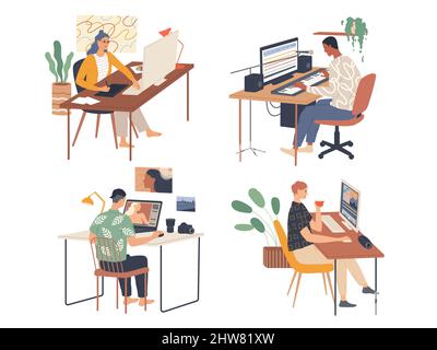 Creative people working in their workplaces passionate about work. Stock Vector