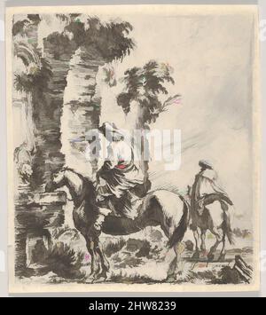 Art inspired by Plate 19: a rider making his horse drink from a basin of a fountain at left, another horseman seen from behind riding towards the left in the background, from 'Various figures and doodles' (Diverses figures et griffonnemens), ca. 1646, Etching, Sheet: 3 1/16 x 2 11/16, Classic works modernized by Artotop with a splash of modernity. Shapes, color and value, eye-catching visual impact on art. Emotions through freedom of artworks in a contemporary way. A timeless message pursuing a wildly creative new direction. Artists turning to the digital medium and creating the Artotop NFT Stock Photo