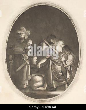 Art inspired by Salome receiving the head of John the Baptist, surrounded by three men and a child bearing a torch, the Baptist's body lies on the ground, an oval composition, ca. 1610, Engraving, Sheet: 6 13/16 x 5 13/16 in. (17.3 x 14.8 cm), Prints, Hendrick Goudt (Dutch, The Hague, Classic works modernized by Artotop with a splash of modernity. Shapes, color and value, eye-catching visual impact on art. Emotions through freedom of artworks in a contemporary way. A timeless message pursuing a wildly creative new direction. Artists turning to the digital medium and creating the Artotop NFT