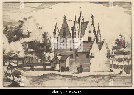Art inspired by A Castle from Regiunculae et Villae Aliquot Ducatus Brabantiae, ca. 1610, Etching, Plate: 4 1/8 x 6 3/16 in. (10.5 x 15.7 cm), Prints, Claes Jansz. Visscher (Dutch, Amsterdam 1586–1652 Amsterdam), After The Master of the Small Landscapes (Netherlandish, 16th century, Classic works modernized by Artotop with a splash of modernity. Shapes, color and value, eye-catching visual impact on art. Emotions through freedom of artworks in a contemporary way. A timeless message pursuing a wildly creative new direction. Artists turning to the digital medium and creating the Artotop NFT Stock Photo