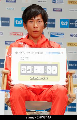 Tokyo, Japan. 4th Mar, 2022. Japanese athlete Kengo Suzuki attends a news conference for the Tokyo Marathon 2021 at Keio Plaza Hotel. The sports competition will be held on March 6 and televised in 160 countries and territories worldwide. (Credit Image: © Rodrigo Reyes Marin/ZUMA Press Wire) Credit: ZUMA Press, Inc./Alamy Live News Stock Photo