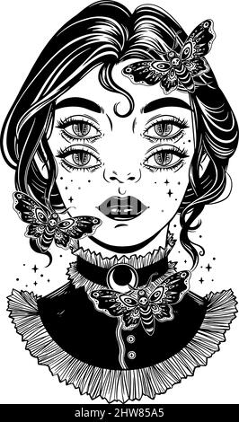 Cute victorian witch with butterflies and four eyes graphic illustration. Dark art Stock Vector