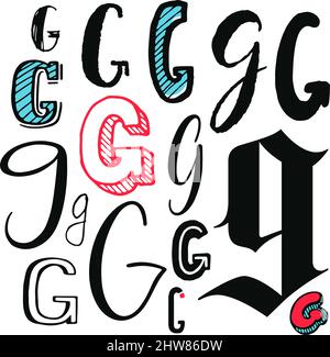 Letters G Set. Different styles. Hand-drawn illustration Stock Vector