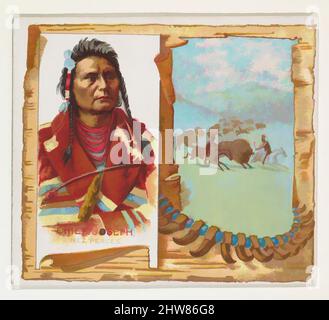 Art inspired by Chief Joseph, Nez Perces, from the American Indian Chiefs series (N36) for Allen & Ginter Cigarettes, 1888, Commercial color lithograph, Sheet: 2 7/8 x 3 1/4 in. (7.3 x 8.3 cm), Trade cards from the 'American Indian Chiefs' series (N36), issued in 1888 in a set of 50, Classic works modernized by Artotop with a splash of modernity. Shapes, color and value, eye-catching visual impact on art. Emotions through freedom of artworks in a contemporary way. A timeless message pursuing a wildly creative new direction. Artists turning to the digital medium and creating the Artotop NFT Stock Photo