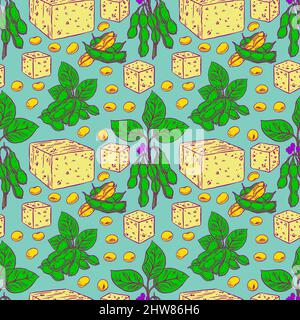 cute seamless background of soybeans and tofu. hand-drawn illustration Stock Vector