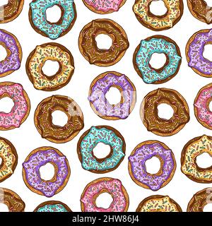 cute seamless background of varicolored donuts. hand-drawn illusrtration Stock Vector