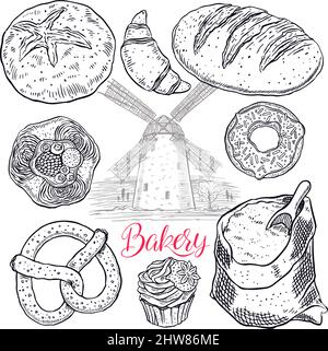 beautiful set of bakery products. hand-drawn illustration Stock Vector