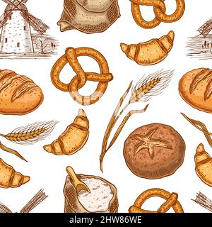 cute seamless pattern with a variety of bakery products. hand drawn illustration Stock Vector