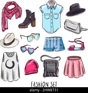 set of different female clothing and accessories. hand-drawn illustration Stock Vector