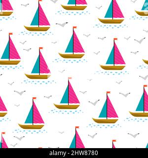cute seamless background of sailing ships and gulls Stock Vector