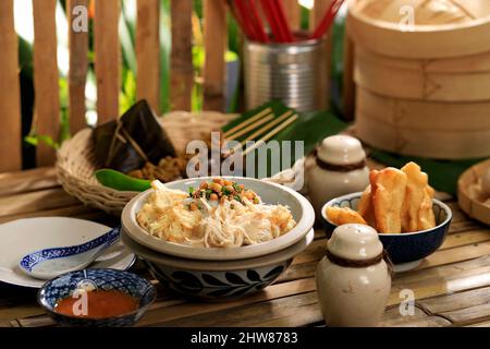 Bubur Ayam Komplit, Indonesian Chicken Congee with Chinese Influence, Popular for Breakfast Stock Photo