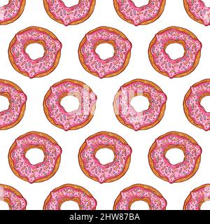 cute seamless background of pink donuts. hand-drawn illusrtration Stock Vector