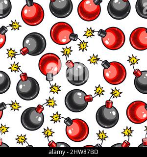 cute seamless pattern of red and black bombs. hand-drawn illustration Stock Vector