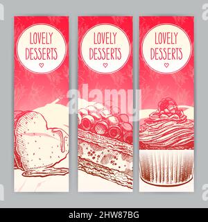 Three cute vertical banners with delicious desserts and a place for text Stock Vector