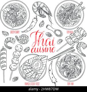 set of thai cuisine. tom yum, tom kha, green curry and mango sticky rice. hand drawn illustration Stock Vector