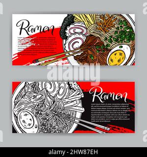 Japanese food. two beautiful banners of Appetizing ramen. hand-drawn illustration Stock Vector