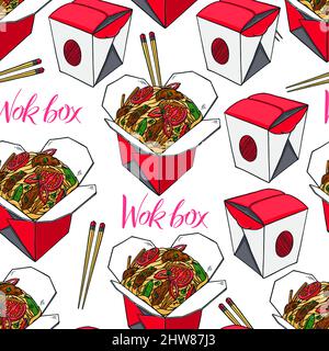 Asian food. Seamless background of wok boxes with beef and tomato. Hand-drawn illustration Stock Vector
