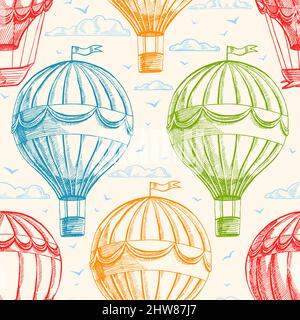 Vintage seamless background with balloons flying in the sky, clouds and birds Stock Vector