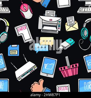 cute seamless pattern with computer icons on dark background. hand-drawn illustration Stock Vector