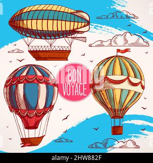 set with vintage colorful balloons flying in the sky, clouds and birds Stock Vector