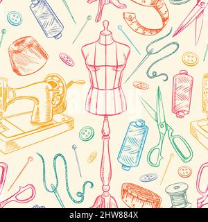 seamless background with colorful sketch tailoring equipment. mannequin, sewing, sewing machine. hand-drawn illustration Stock Vector