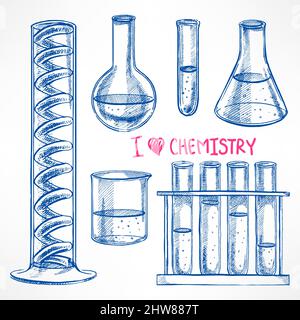 set with the chemical flasks. hand-drawn illustration Stock Vector