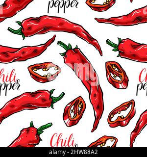 cute seamless background of different chili peppers. hand-drawn illustration Stock Vector