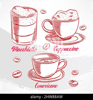 set with different types of coffee. hand-drawn illustration Stock Vector
