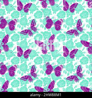 beautiful seamless pattern of roses and colorful butterflies. Hand-drawn illustration Stock Vector