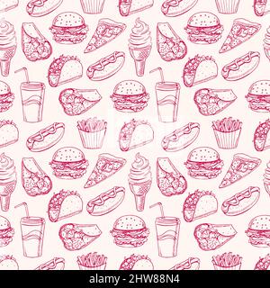 seamless background with various fast food. hot dog, hamburger, pizza slice. hand-drawn illustration Stock Vector