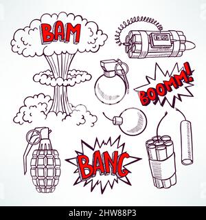 cute set of various sketch explosive devices. hand-drawn illustration Stock Vector