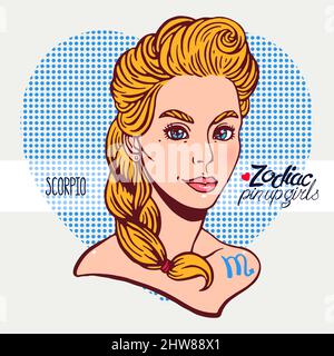 Zodiac signs - Scorpio as a girl in the style of pin-up. Hand-drawn illustration Stock Vector