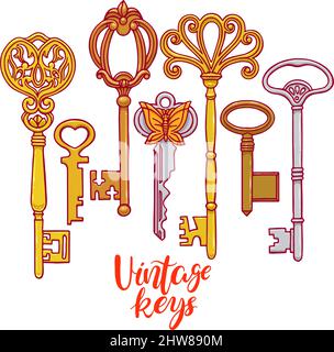Beautiful set of different vintage keys. hand-drawn illustration Stock Vector