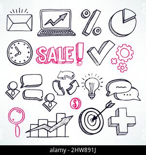 vector set of hand-drawn arrows and bubbles icons on white background Stock Vector