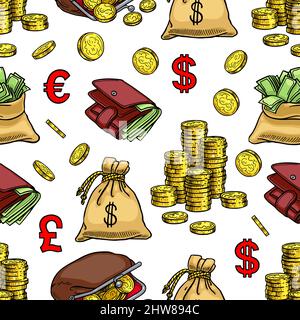 Seamless background of coin, money, finance. Hand-drawn illustration Stock Vector