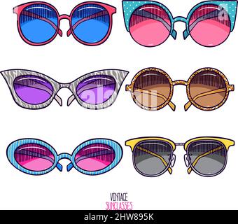Set of cute vintage sunglasses. hand-drawn illustration Stock Vector