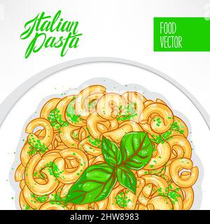 background with a plate of pasta with basil on a white background Stock Vector